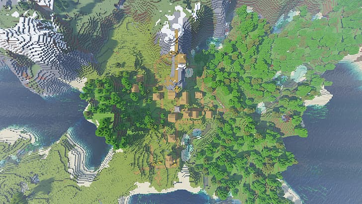 Minecraft, landscape, aerial view, forest, village, HD wallpaper