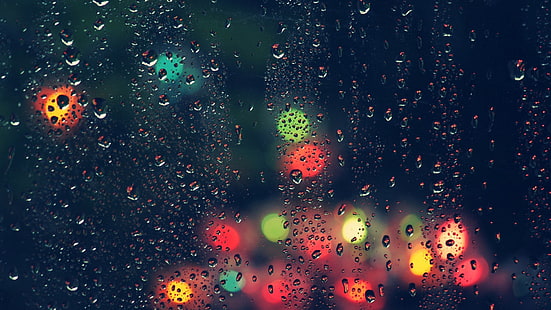 Bokeh, verschwommen, Schärfentiefe, Lichter, Wassertropfen, Glas, Nacht, Transparenz, Regen, Wasser auf Glas, HD-Hintergrundbild HD wallpaper