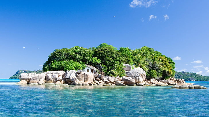 isla del coco, mar, islote, cielo, seychelles, exótico, isla, océano índico, tropical, trópico, agua, océano, Fondo de pantalla HD