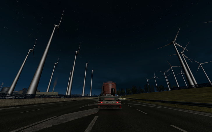 Euro Truck Simulator 2, video game, malam, matahari, pagi, jalan, mobil, truk, kargo, Wallpaper HD