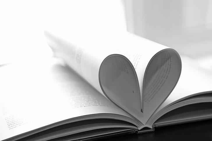 heart, book, black and white, page, HD wallpaper