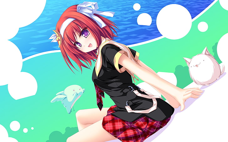 rothaariger weiblicher Animecharakter, der auf weißer digitaler Oberflächentapete, Anime, Animemädchen sitzt, HD-Hintergrundbild