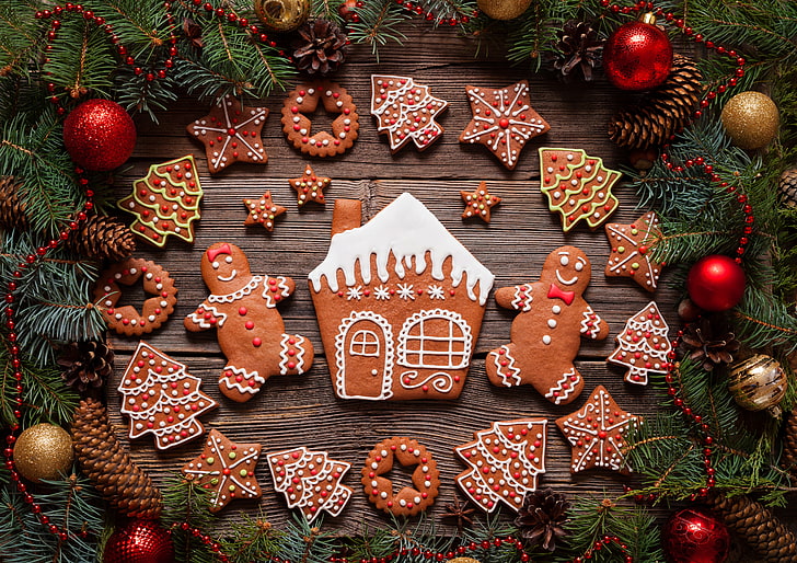 Karışık renkli Noel dekorları, yılbaşı, kurabiye, yılbaşı, kek, tatlı, Noel, sır, dekorasyon, zencefilli, neşeli, HD masaüstü duvar kağıdı