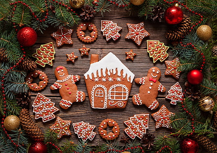 berbagai macam dekorasi Natal, Tahun Baru, kue, Natal, kue, manis, Natal, glasir, dekorasi, roti jahe, Selamat, Wallpaper HD HD wallpaper