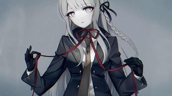 kyoko kirigiri, danganronpa, white hair, ribbon, braid, gloves, Anime, HD wallpaper HD wallpaper