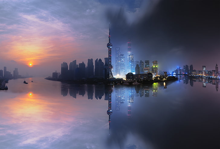 assorted-color concrete building wallpaper, Shanghai Skyline day and night edited photo, Shanghai, night, mist, China, cityscape, building, clouds, nightscape, reflection, river, sky, city, HD wallpaper