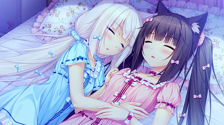Neko Para, bed, sleeping, anime girls, Vanilla (Neko Para), Chocolat (Neko Para), bedroom, HD wallpaper