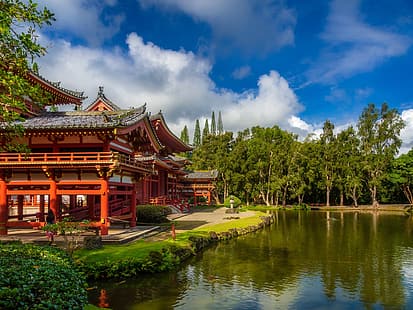  trees, pond, Park, Japan, temple, Uji, The byodo-in temple, Byodo-in Temple, Pavilion Of The Phoenix, Phoenix Hall, HD wallpaper HD wallpaper