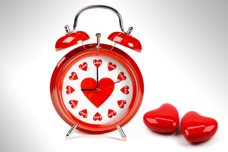 red and white analog alarm clock, white, color, love, red, arrows, watch, heart, alarm clock, hearts, dial, HD wallpaper