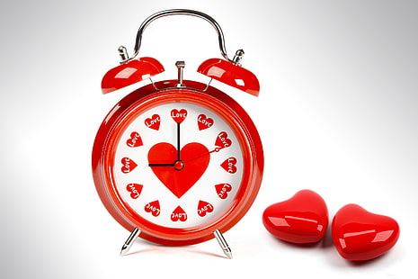 red and white analog alarm clock, white, color, love, red, arrows, watch, heart, alarm clock, hearts, dial, HD wallpaper HD wallpaper