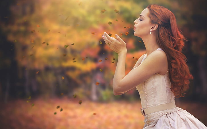 Autumn, leaves, red hair girl, Autumn, Leaves, Red, Hair, Girl, HD wallpaper