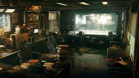 sofá preto adornado perto do papel de parede da mesa, Deus Ex: Revolução Humana, Deus Ex, cyberpunk, futurista, videogames, HD papel de parede HD wallpaper