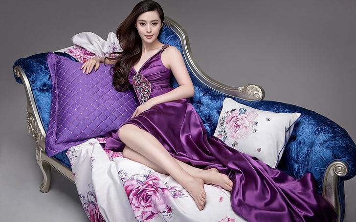 gaun tanpa lengan ungu wanita, model, kecantikan, Fan Bingbing, Wallpaper HD
