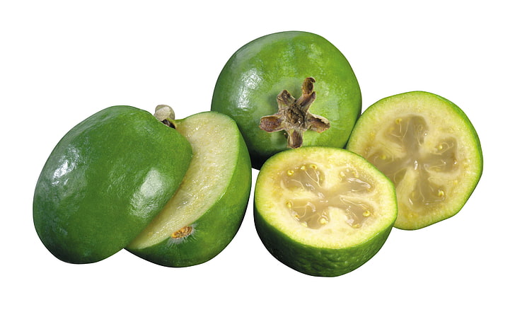 green lemon fruits, white, feijoa, cut, HD wallpaper