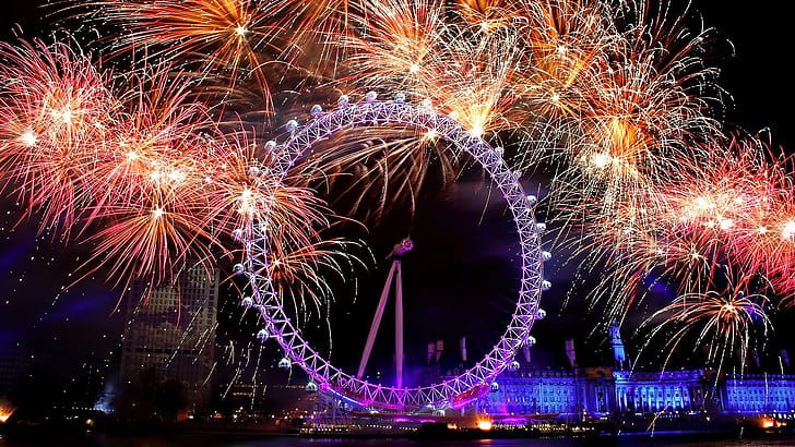 City Ferris wheel, fireworks at night, purple ferris wheel, City, Ferris, Wheel, Fireworks, Night, HD wallpaper