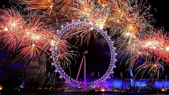 City Ferris wheel, fireworks at night, purple ferris wheel, City, Ferris, Wheel, Fireworks, Night, HD wallpaper HD wallpaper