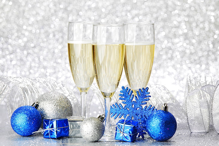 blue and silver ball ornament collection, winter, snow, decoration, holiday, Christmas, Cup, gifts, champagne, Happy New Year, balls, snowflake, Merry Christmas, glasses, ornaments, HD wallpaper