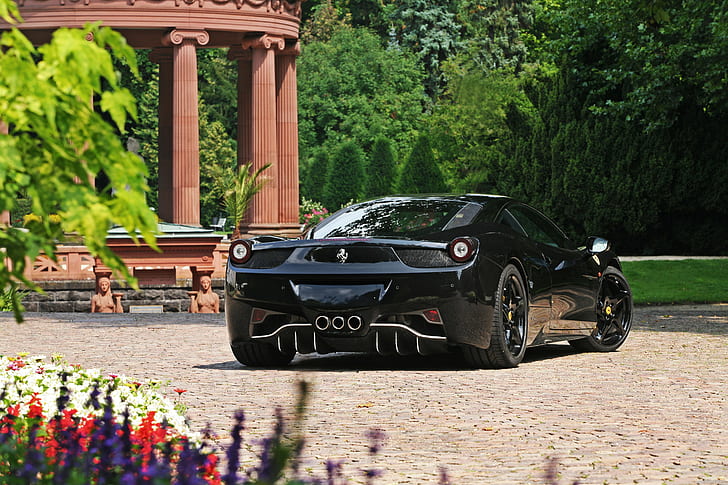Ferrari 458 Italia, Ferrari, 458 italia, black, Italy, rear view, flowers, trees, HD wallpaper