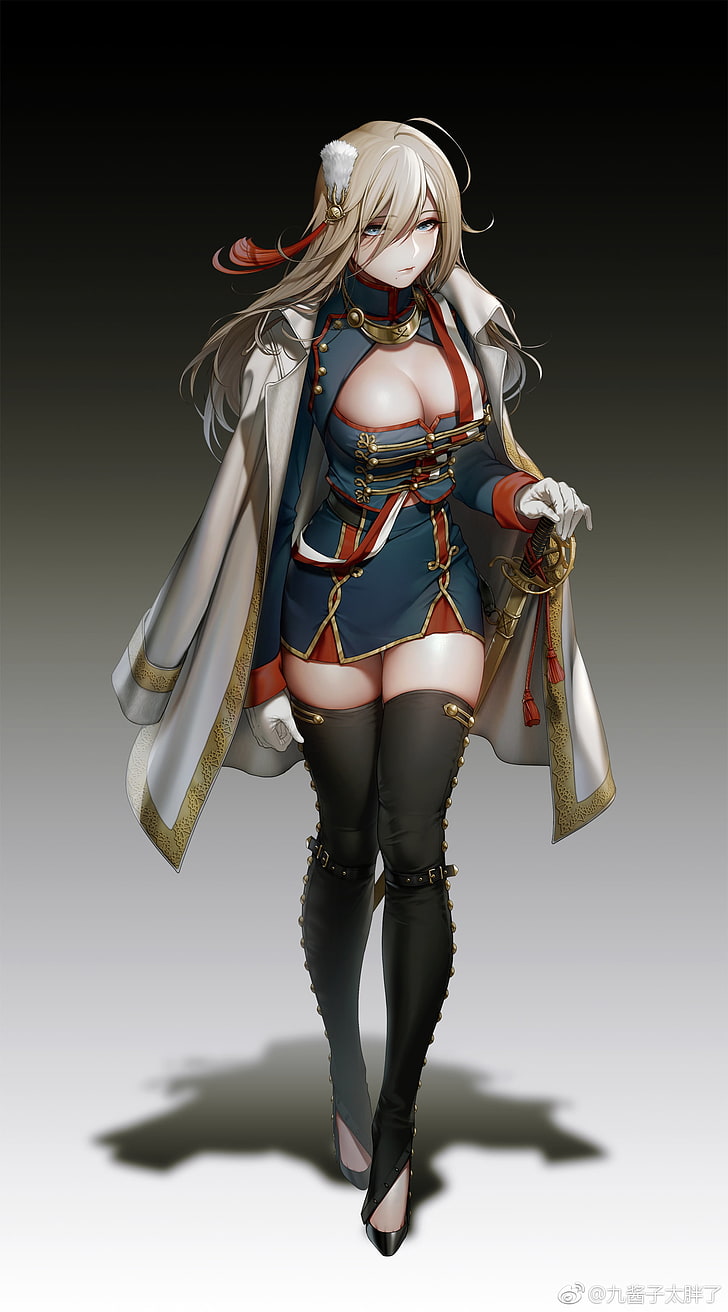 weibliche Anime-Figur, weibliche Anime-Figur mit Umhang, Militär, Uniform, Schwert, Blondine, Spaltung, Oberschenkel, blaue Augen, HD-Hintergrundbild, Handy-Hintergrundbild