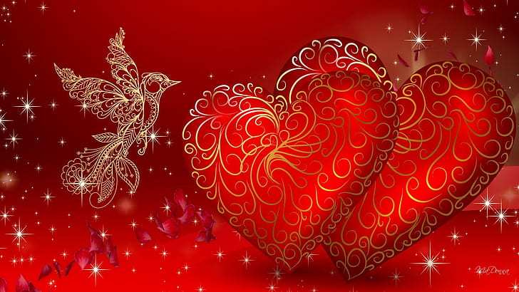 Докосване на злато за моя Валентин, червени тапети с две сърца, звезди, февруари, птица, блясък, амур, колибри, злато, любов, ден на влюбените, сърца, 3d и абс, HD тапет