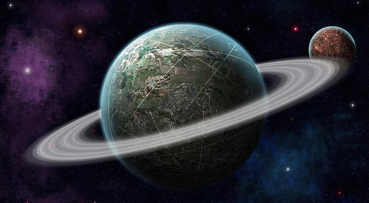 grüne und weiße Saturn-Illustration, Planet, Universum, Bahn, Raum, Sterne, HD-Hintergrundbild