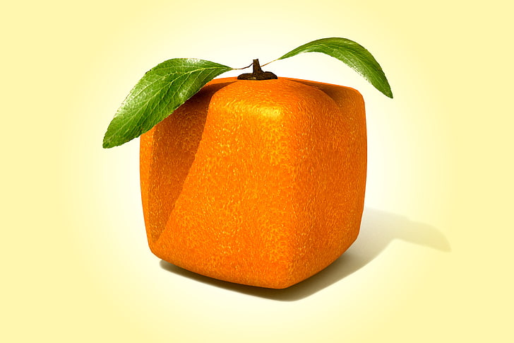orange fruit, rendering, square, orange, cube, square orange, HD wallpaper