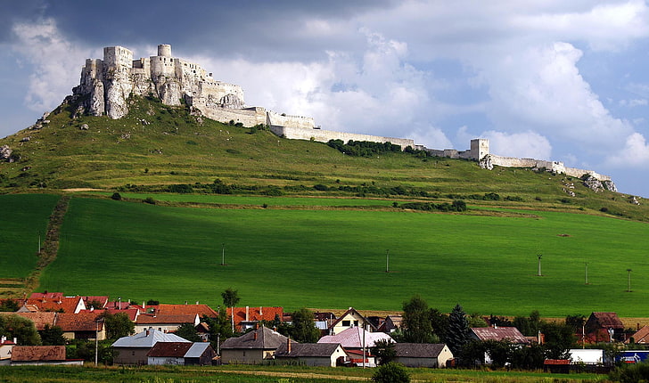 architektura, budynek, dom, Słowacja, wzgórza, zamek, wieś, pole, trawa, starożytne, chmury, ruiny, drzewa, Tapety HD