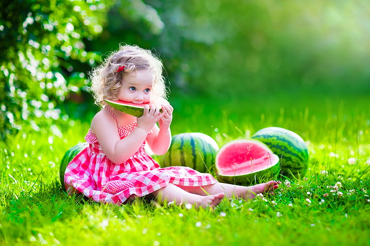 girl's red and white dress, summer, the sun, glade, child, watermelon, dress, girl, happy, beautiful, pretty, baby, little girl, HD wallpaper