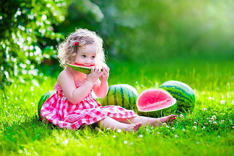 girl's red and white dress, summer, the sun, glade, child, watermelon, dress, girl, happy, beautiful, pretty, baby, little girl, HD wallpaper HD wallpaper