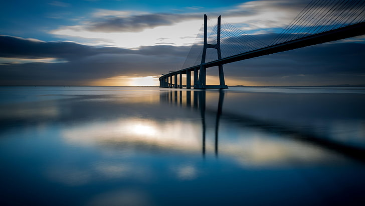 reflection, water, sky, horizon, calm, sea, cloud, portugal, lisbon, dawn, vasco da gama bridge, sunrise, tagus river, morning, river, HD wallpaper