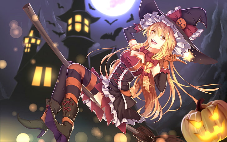 anime character witch, Halloween, witch hat, pumpkin, witch, bats, blonde, bow, braids, boobs, long hair, Moon, night, sky, Touhou, yellow eyes, thigh-highs, Jack O' Lantern, HD wallpaper