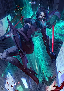 женский убийца анимированные иллюстрации, аниме девушки, киберпанк, воин, кровь, HD обои HD wallpaper