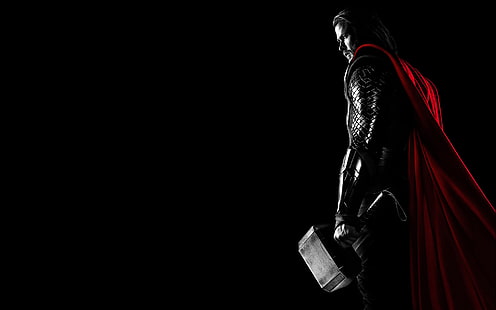 Marvel Thor, finzione, armatura, martello, sfondo nero, rosso, mantello, fumetto, Thor, Chris Hemsworth, Sfondo HD HD wallpaper