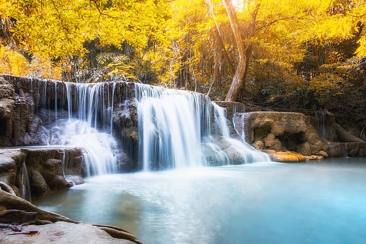 autumn, forest, landscape, river, rocks, waterfall, beautiful, leaves, HD wallpaper