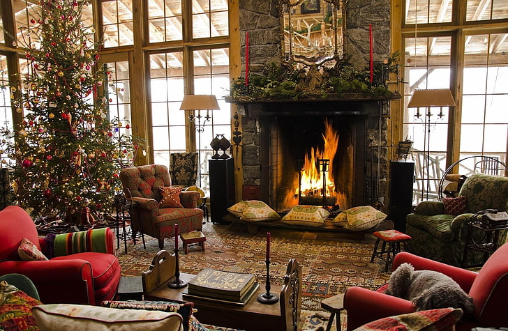 茶色の暖炉、モミ、暖炉、クリスマス、家、快適さ、アームチェア、 HDデスクトップの壁紙
