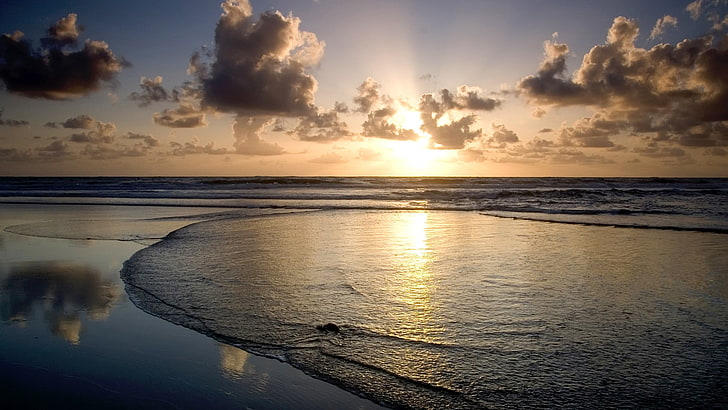 เนื้อน้ำ, ทะเล, ชายหาด, พระอาทิตย์ตก, บทความสั้น, ขอบฟ้า, ชายฝั่ง, แสงแดด, รังสี Crepuscular, วอลล์เปเปอร์ HD