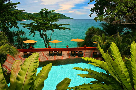 Beautiful Beach View Pool, ilha, natação, vista, exótica, tropical, lagoa, banana, linda, plantas, oceano, aqua, azul, paraíso, HD papel de parede HD wallpaper