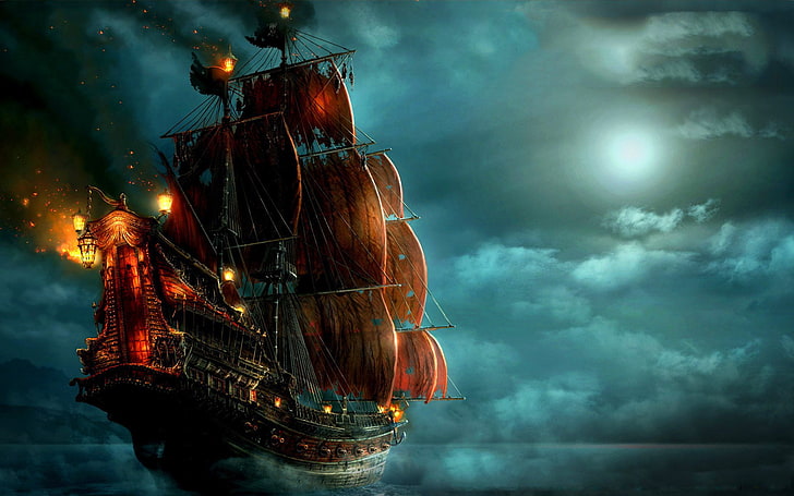 갈색 해적선 디지털 벽지, 캐리비안의 해적, 캐리비안의 해적 : 낯선 조수, 배, HD 배경 화면