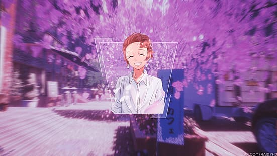 anime, chłopcy z anime, obraz w obrazie, Tanjiro Kamado, Kamado Tanjirō, Kimetsu no Yaiba, kwiat wiśni, Tapety HD HD wallpaper