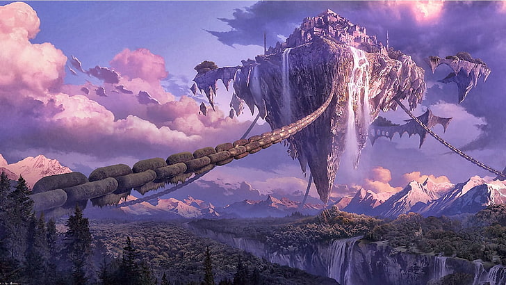 Sword Art Online, arte de fantasía, arte, arte digital, cadenas, cascada, bosque, nubes, montañas, isla flotante, Fondo de pantalla HD