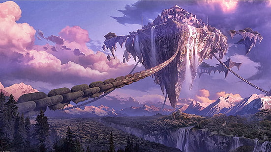 Sword Art Online, arte de fantasía, arte, arte digital, cadenas, cascada, bosque, nubes, montañas, isla flotante, Fondo de pantalla HD HD wallpaper