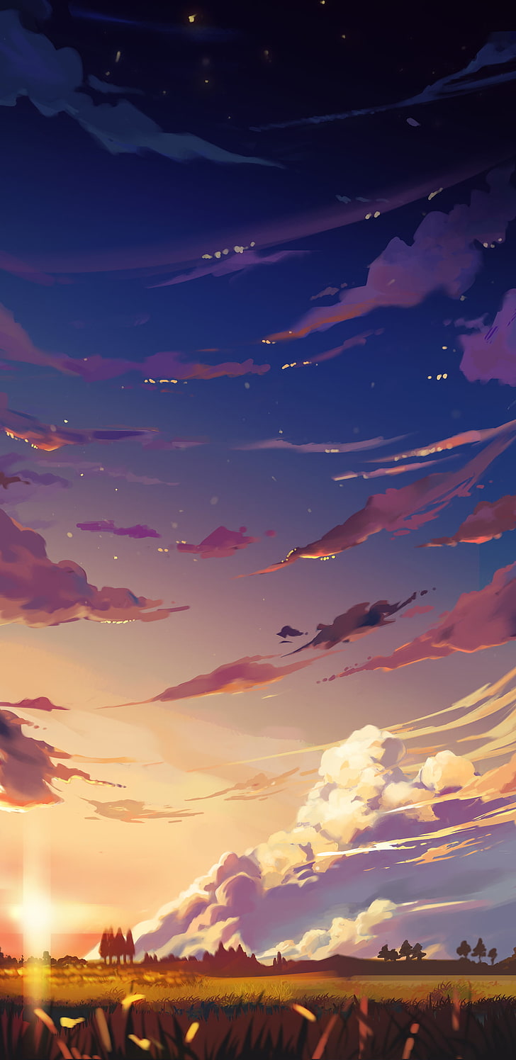 ilustrasi bidang gunung dan rumput, tampilan potret, langit, awan, matahari terbenam, Wallpaper HD, wallpaper seluler
