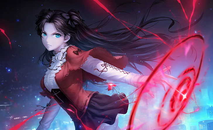 schwarzhaarige Mädchen-Anime-Charakterillustration, Anime-Mädchen, Anime, Grafik, Schicksals-Reihe, Tohsaka Rin, manga, HD-Hintergrundbild