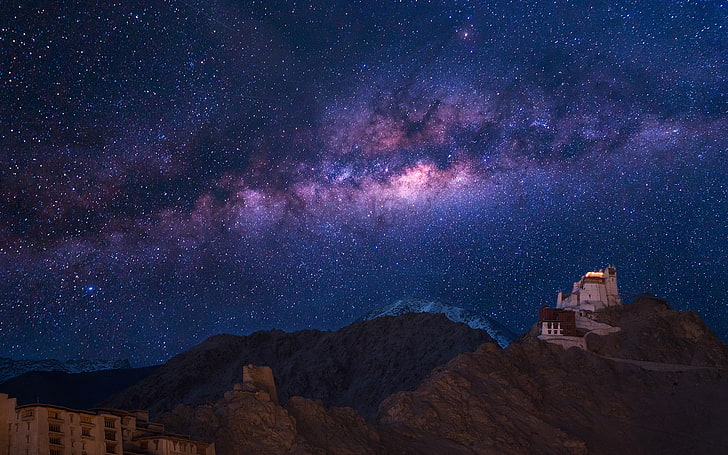 звезди, нощ, Млечният път, манастирът, Намгял Цемо, На Джаму и Кашмир. Индия, Княжество Ладак, HD тапет