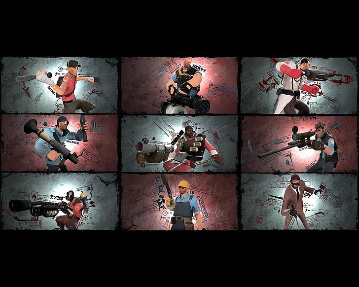 videogame application screenshot, video games, Team Fortress 2, medicine, Sniper (TF2), Heavy (charater), Pyro (character), Spy (character), Soldier (TF2), collage, HD wallpaper