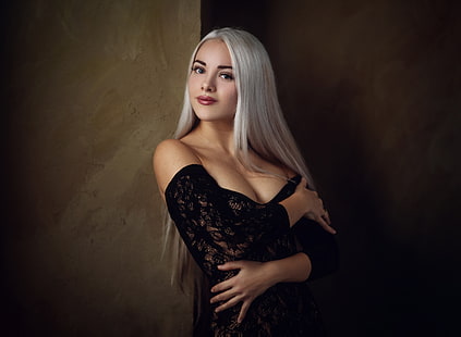 spojrzenie, dziewczyna, poza, ściana, portret, dłonie, sukienka, blondynka, dekolt, długie włosy, Sergey Sorokin, Tapety HD HD wallpaper