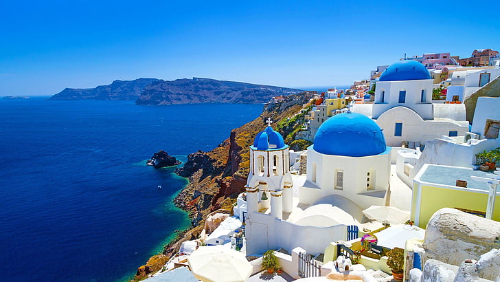 青い空、美しい、魅力的な、絵のような、象徴的な、フィラの3つの鐘、青い海、素晴らしい、旅行、ヨーロッパ、島、ギリシャ、エーゲ海、海、ティラ、サントリーニ島、夏、休日、 HDデスクトップの壁紙
