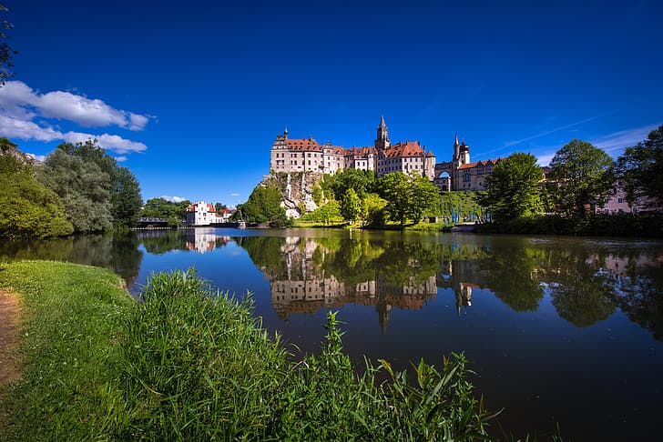 Germany, Baden-Württemberg, Donau, river, water, reflection, castle, Castle Sigmaringen, HD wallpaper