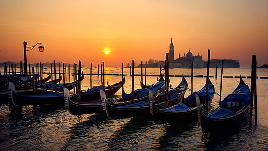 Beau coucher de soleil à Venise Piazza San Marco Orange Sky Sea Water Gonodola’s Landscape Photography Wallpaper Hd For Desktop 3840 × 2160, Fond d'écran HD HD wallpaper