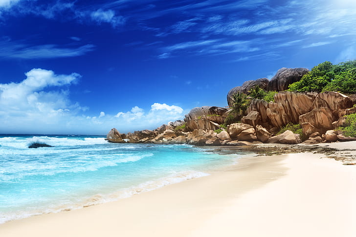 Earth, Tropical, Beach, Holiday, La Digue Island, Ocean, Rock, Sand, Seashore, Seychelles, Seychelles Islands, Sky, Tropics, วอลล์เปเปอร์ HD